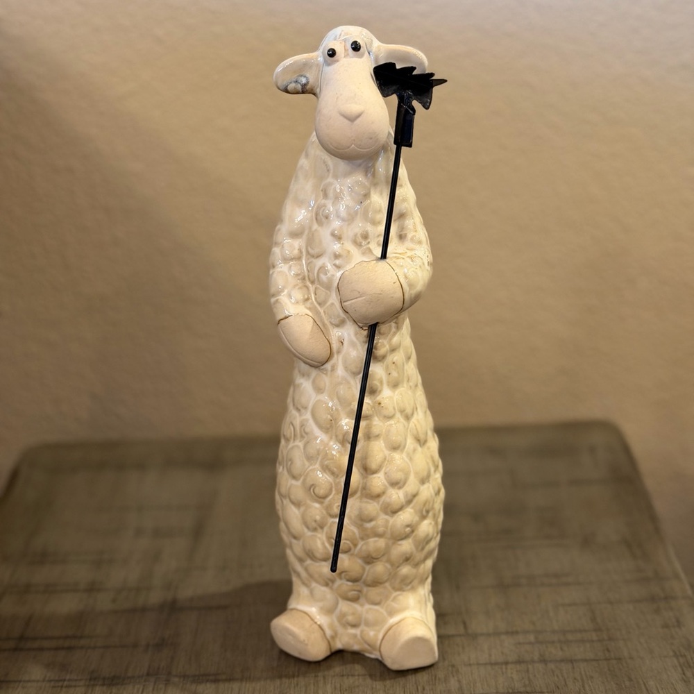 Ceramic Sheep Figurine with Black Staff